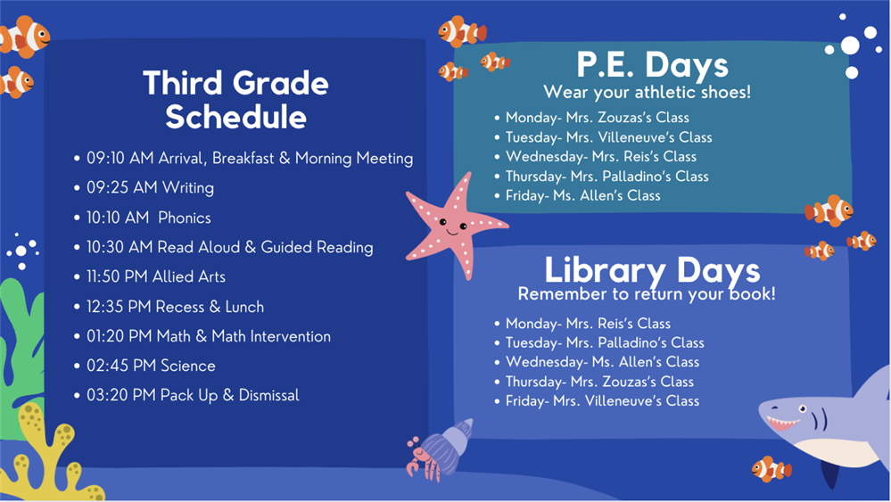 Visual Third Grade Schedule w/ gym & library reminders